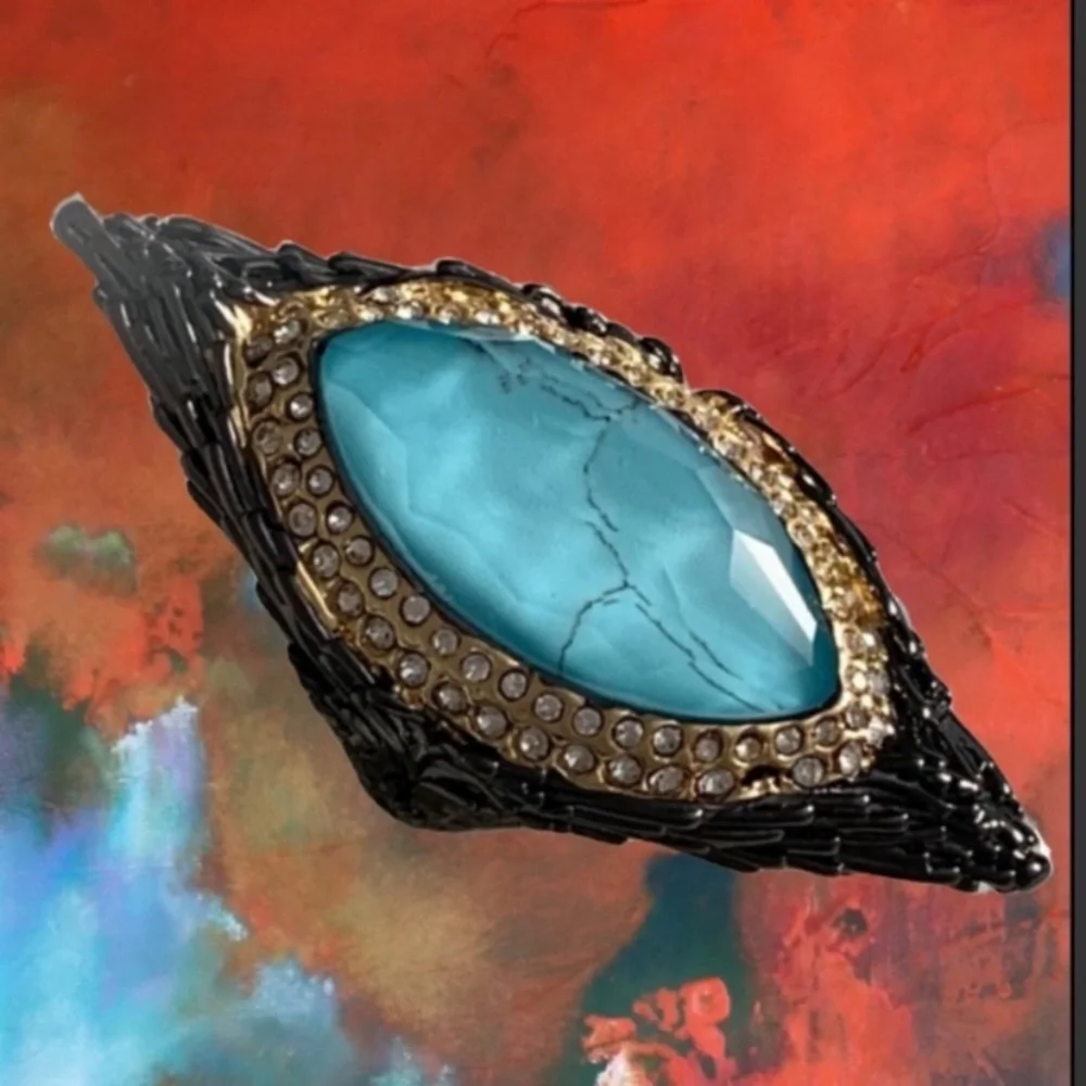 ALEXIS BITTAR Black Gunmetal Gold Doublet Turquoise Stone Maldivian Feather Ring